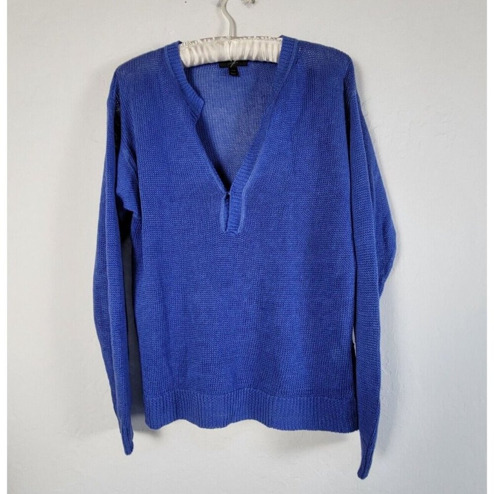 J.Crew Linen Knit Slit-Neck Beach Summer Sweater Size XXS Blue Slouchy Oversized